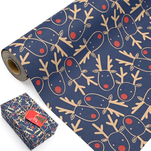 15m Christmas Wrapping Paper Roll，DXTXTJ 43cm Recyclable Wrapping Paper,Wrapping Paper Christmas Bulk,Red Brown Gift Wrapping Paper for Xmas
