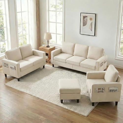 Mjkone 78 Width 4 Pieces L Shaped Sectional Sofa Couches Set for Living Room Sets Furniture, 3-Seater Sofas Couch and Loveseat Set with Armchair and Storage Ottoman for Home Office Apartment, Beige