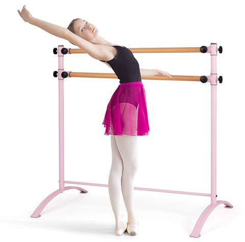 GOPLUS Barras de Ballet Portátil de 122 CM, Barra de Baile Independiente con Alturas Ajustables de 4 Posiciones, 2 Barras de Madera Maciza, Marco de Metal Resistente, Doble Barra de Ballet