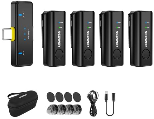 NEEWER KM23C AI Microfono Lavalier Wireless Compatibile con iPhone Android Tablet PC, Omnidirezionale 48K/24Bit 20-20KHZ Cancellazione Rumore AI Muto Portata 70m Batteria Totale 32h (1x RX +4x TX)