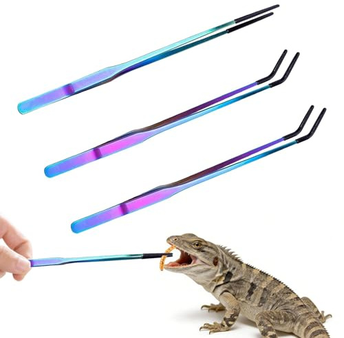 3pcs Reptile Feeding Tongs with Rubber Tip,Aquarium Tweezers,Cage Reptile Feeding Tongs Stainless Steel Feeder Tweezers Pliers Straight & Curved Tweezers Tool for Bearded Dragons Lizards Snakes
