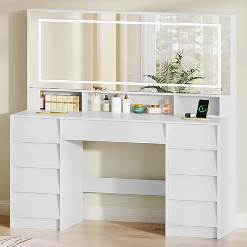 Hzuaneri Sminkbord, Sminkbord med Stor HD-spegel, LED-belysning, Grenuttag, Sminkbord med 9 Lådor och 3 Öppna Ytor, Sovrum, Modernt, Vit, 1180303XEU