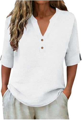Linen Shirts for Women Summer 2026 – V Neck 3/4 Sleeve Linen Cotton Tops, Loose Fit Button Front Casual Blouses for Work Holiday