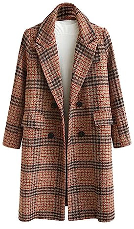 CHARTOU Women's Winter Oversize Lapel Collar Woolen Plaid Double Breasted Long Peacoat Jacket (Large, Camel)