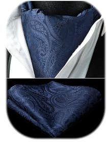 HISDERN Krawattenschal Marine Herren Paisley Hochzeit Ascot Krawatte Taschentuch Business Blumen Halstuch und Einstecktuch Set