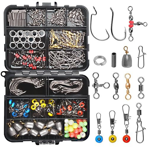 OROOTL Fishing Swivels Snaps Set 226pcs/Box Swivels Snaps Sinker Weights Three Way Swivel Split Rings Jigs Beads Freshwater Saltwater Fishing Accessories Tackle Box