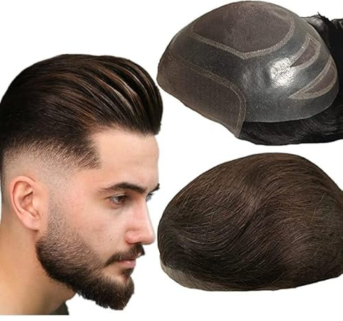 NLW Toupet Echthaar Männer 0.04 mm Thin Skin PU with Lace Toupet Herrenperücken 8 * 10 Base Herren Echthaar perücke 110% Density(#2 Deep Brown)