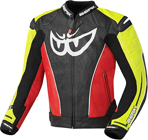 Berik Street Giacca in Pelle da Moto, Nero/Rosso/Giallo, 54