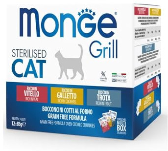 Monge Grill, STERILISED multipack med COCKEREL, ruta, våtfoder för katter (kattmat, multipack med kyckling, öring, kalvkött, vitaminrik, spannmålsfri, lätt att smälta, 85 g)