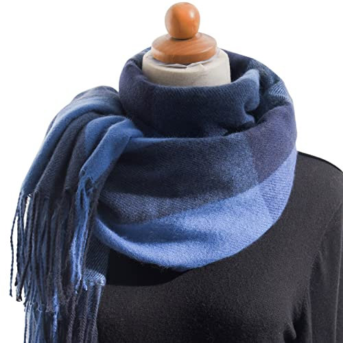 Damen Schal Senfgelb Herbst und Winter bunter Karierter Schal für Damen, verdickender Warmer Fransenschal Werder Schal Für Auto (Blue, One Size)
