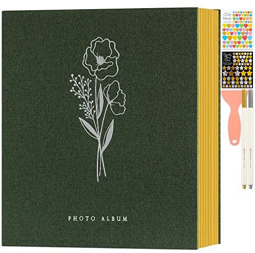 Lanpn Self Adhesive Photo Album Scrapbook 40 Pages, Linen Photos Albums DIY Sticky Magnetic Pages holds 6x4 7x5 A5 Picture for Family Wedding Birthday (Small-20 Sheets/40 Pages, Green)