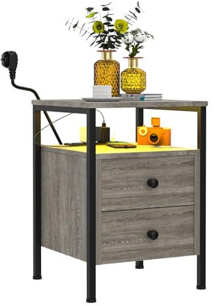 Lvechforhm Mesita de Noche LED Ajustable, Mesas de Centro con Enchufe y Puerto USB, Mesita de Nochecon Cajones, Mesa Auxiliar Estilo Industrial, Adecuada para Sala de Estar, Dormitorio Vintage Gris