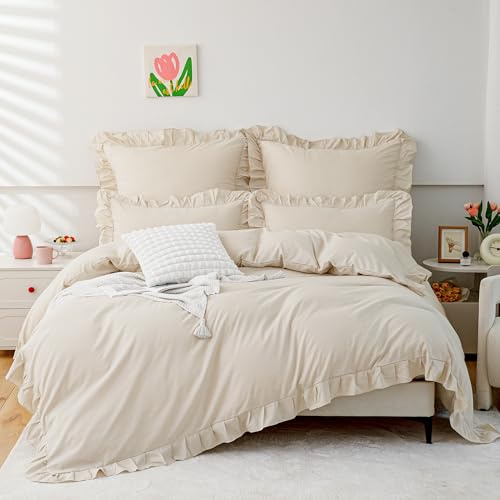 TOCOMOA Rüschen Bettwäsche 135x200 Mädchen, Aesthetic Bettwäsche-Sets Mikrofaser, Öko-Tex Zertifiziert, Weich Beige Bettbezug mit Reißverschluss, Kopfkissenbezug 80x80cm