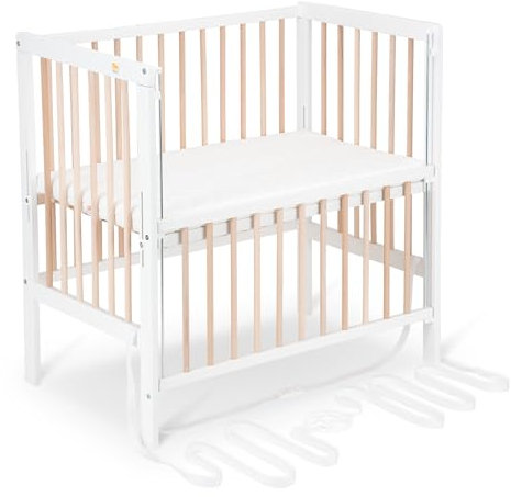FabiMax Baby Beistellbett für Boxspringbett Flex Weiß/Natur, stufenlos höhenverstellbar, Buchenholz massiv, naturbelassen, inkl. Matratze Classic