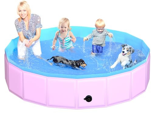 CACSPS Faltbarer Hundepool, 220 x 30 cm Kinderpool aus Hartplastik, rutschfeste Hundebadewanne für den Außenbereich, zusammenklappbarer Hundeschwimmpool für Kinder, Hunde und Haustiere (Rosa)