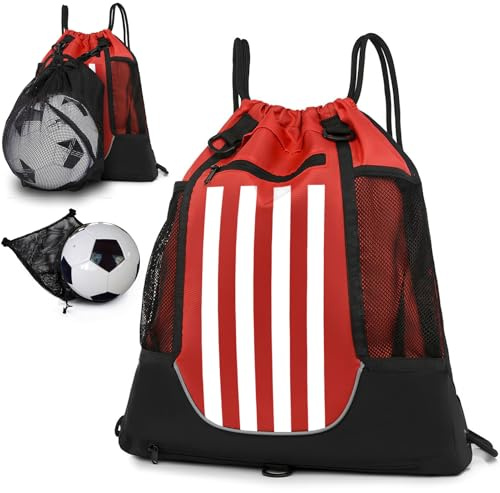 STAY GENT Drawstring Mochila Baloncesto para Niños Jóvenes y Adultos, Foldable Fútbol Voleibol Mochila Bolsa de Deporte con Desmontable Bolsa de Malla para Pelotas para Gimnasio, Rojo Blanco Rayas