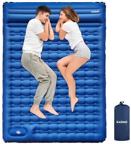 KASIMO Materassino autogonfiante da campeggio con cuscino integrato per la testa, materasso ad aria per esterni, autogonfiabile con pompa a pedale, ultraleggero, gonfiabile (doppio blu, 12 cm)