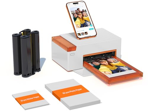 Liene Amber M110 Mini Fotodrucker für Smartphone – inkl. 60 Blatt 10x15 cm Fotopapier + 20 Blatt 7,7 cm Selbstklebende Fotos + 2 Farbbänder – Thermosublimation, Bluetooth, für iPhone & Android