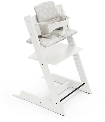 Trona Tripp Trapp de Stokke (Blanca) con Cojín Clásico OCS (Star Silver) - Incluye Silla Tripp Trapp, Baby Set 2 para Niños de 6 a 36 Meses y Cojín - Ajustable, Ergonómica y Fácil de Limpiar