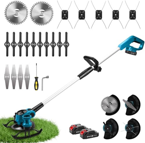 Desbrozadora con batería con 2 baterías de 2000 mAh, compatible con Makita de 18 V, cabezal de malas hierbas y 3 tipos de cuchillas, motor sin escobillas