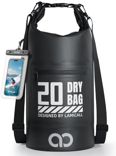 Lamicall Dry Bag, Waterproof Bag - [Robust & Anti-Scratch] 5L/10L/20L/30L/40L Waterproof Backpack with 100% Water Proof Phone Pouch, Floatable Drybag for Boat Swimming Kayaking Camping - Black(20L)