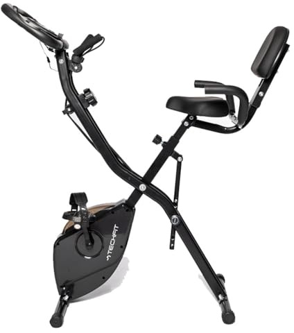 TechFit Cyclette da Casa Pieghevole Resistenza Magnetica, Display LCD, Schienale e Sella Regolabile, Sensore Pulsazioni, Supporto Tablet, Volano a Livelli, Ruote Salvaspazio, Portata Max 120 kg
