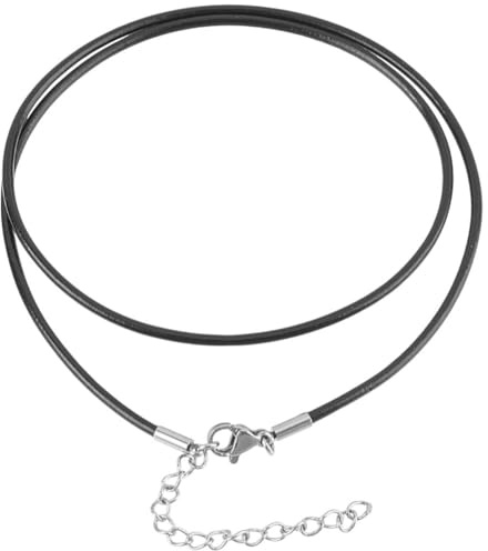 CALFOVERA 10 Collar de Cordón de Cuero Genuino de 2mm, Negro, de 46cm, Redondo, Fino, de Cuero Auténtico, con Cierres de Plata, Extensor de Acero Inoxidable para Hombres Y Mujeres, Joyería DIY.
