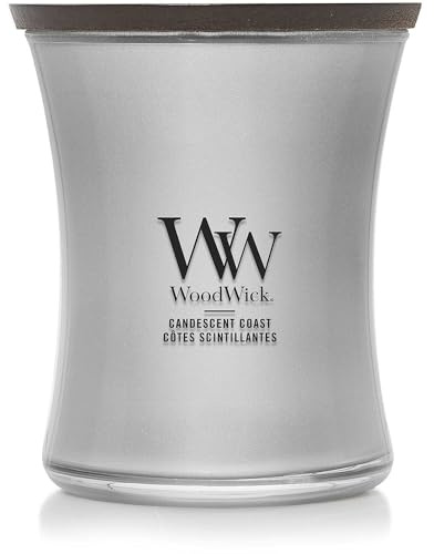 WoodWick Duftkerze mit knisterndem Docht | Candescent Coast Mittelgroße Kerze im Sanduhr-Glas| Lang brennende Kerzen: Bis zu 60 Stunden | Perfekte Geschenke für Frauen
