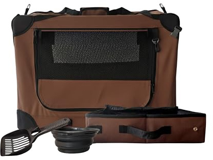 EAGLIX Large Cat Travel Carrier – Soft Sided Spacious Pet Carrier for Medium to Large Cats (Up to 25 lbs), Built-in Litter Box & Water Bottle, Car & Vet Travel, Foldable & Breathable – Brown