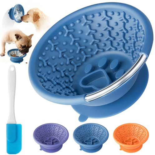 Dog Lick Bowl, Non-Slip Slow Feeder Licking Mat & Treat Dispenser (Wide Bowl Mouth w/Inlaid Stainless Steel Ring) - Interactive Toys, Anxiety Reducer, Freeze Bone for Dogs, BPA Free Silicone(Blue)