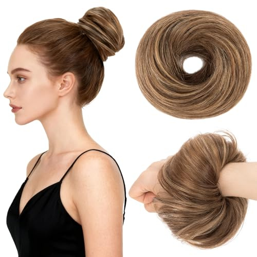 MY-LADY Haarteil Mit Gummiband Dutt Haarteil, Haargummi Mit Haaren Echthaar 25g Hochsteckfrisuren für Damen & Mädchen (#4P27 Mittelbraun/Dunkelblond Glatt)