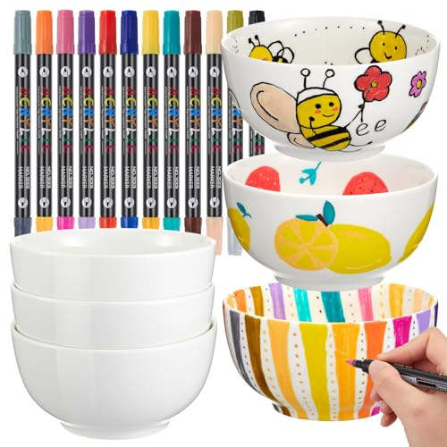 Sinmoe DIY Keramik Bemalen Set 12 in 24 Farben Porzellanstifte Spülmaschinenfest und 6 Keramikschale Keramikstifte mit Doppelspitzezum Bemalen und Verzieren von Töpferwaren, Keramik(Rand 11,7cm)