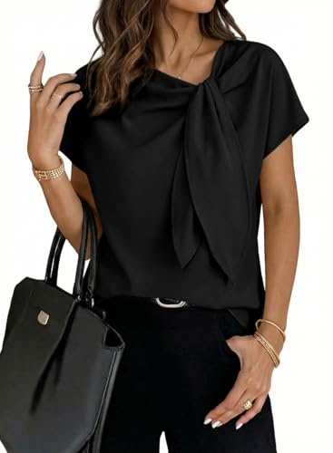 Dokotoo Womens Summer Tops Short Sleeve Casual Chiffon Slit Blouse Elegant Knot Neckline Women's Business Shirts Trend Ladies T-Shirts Blouses Top S-XXL