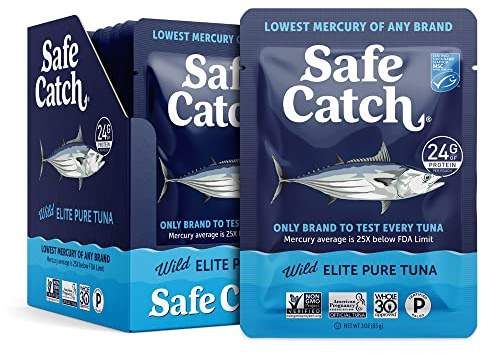 Safe Catch Elite Tuna Wild-Caught Lowest Mercury Tuna Fish Pouch Gluten-Free Keto Food Non-GMO Kosher Paleo-Friendly High Protein Snack, No Water Oil Tuna, Pack of 12 Tuna Pouches 3oz