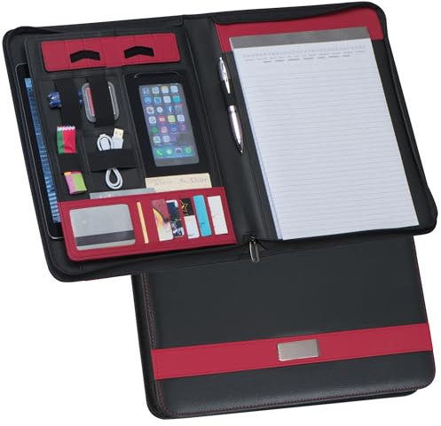 DIN A4 Businessmappe Schreibmappe mit rundumlaufendem Reissverschluss Schreibblock Smartphonehalterung Handyfach in schwarz - rot