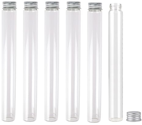 Jarvials 6 Pièces 90ml de Fiole en Verre Transparente de avec Couvercle en Aluminium, Tube a Essai Verre, Etc, Approprié à La Décoration de Laboratoires Scientifiques (6,90ml)