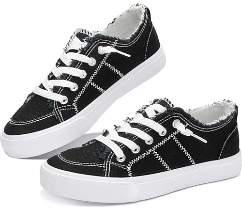 Obtaom Women's Play Fashion Sneaker Black Color Washed Canvas Slip on Shoes(Black US09)