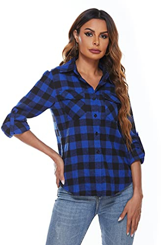 Ietaoo Camisa Franela Cuadros Mujer Manga Larga Algodón Blusa Casual Boyfriend Elegante Shirt Camisas Chaqueta con Bolsillo