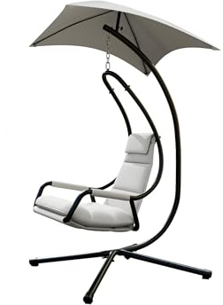 Poltrona sospesa con ombrellone Bonir, sedia a dondolo per esterni, sedia sospesa, cesta sospesa, scheletro in acciaio (grigio + grigio chiaro)