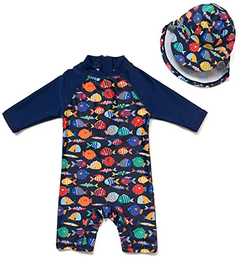 upandfast Costume da Bagno Intero per Neonate con Cerniera e Cappello da Sole(9-12 Mesi,Pesce cromatico)
