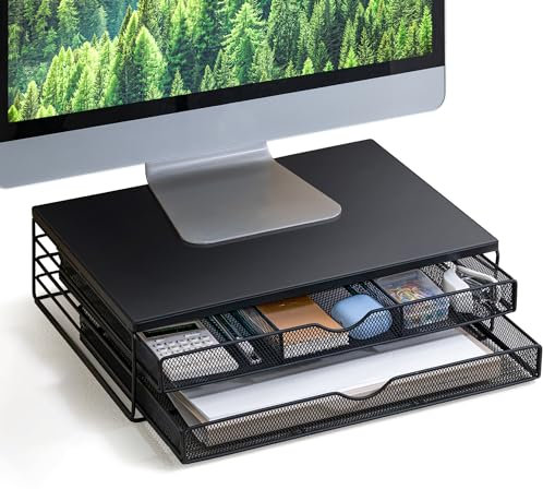 ARCOBIS Monitorständer mit 2 Schublade, Laptopständer Schreibtisch-Organizer mit Ausziehbarer Schublade für Computer PC Drucker iMac, maximale Tragfähigkeit 18 kg (Schwarz)
