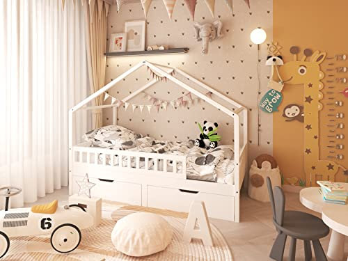 Homeke Wooden White Kids House Bed with 2 Storage Drawers Wooden Single Bed 3FT,Solid Bed Frame,90x190cm