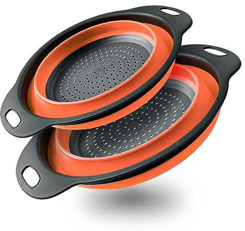 Set di 2 colino pieghevole in silicone, scolapasta con manico, salvaspazio, per esterni, campeggio, cucina, 2 misure blu, 30 cm e 25 cm