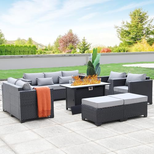 Rattaner 8 PCS Outdoor Furniture Sets 60000BTU 45-Inch Outdoor Propane Fire Pit Table Patio Furniture Set No-Slip Cushions and Waterproof Covers, Light Grey