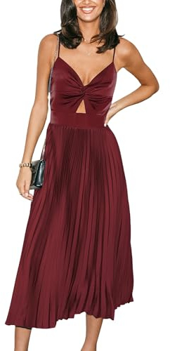 CUPSHE - Abito da donna in satin, scollo a V, senza maniche, a pieghe, con torsione frontale, elegante, da festa, lungo, a camicia, abito da sera, borgogna, S