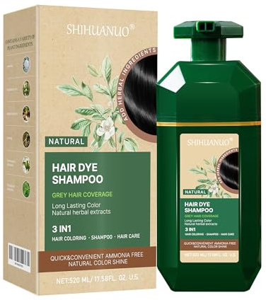 SHIHUANUO Black Hair Dye Shampoo 3 in 1 for Gray Hair Coverage, Herbal Ingredients Natural Shampoo Black Hair Dye for Women & Men/Ammonia-Free 520ml