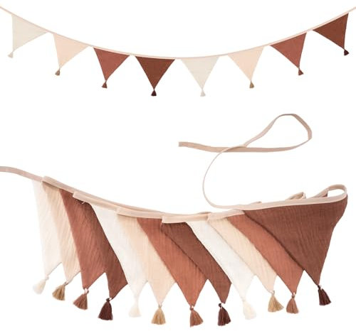 G2PLUS Guirland Fanion Banderole Fanion Tissu Beige et Café 2.8M Fanions en Coton avec Franges,12 Triangle Décoration Double Face pour Le Baptême de bébé,Décoration de Chambre d'enfant