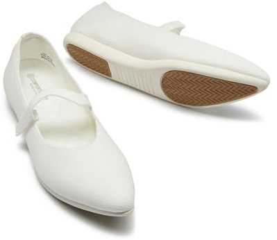 CALEBGAR Ballerinaskor, dam, Mary Jane, bekväma platta skor med remmar, supermjuka platta för klänningar och fritid, eleganta stickade kalsonger, ballerina för kvinnor med spets, tåområde, Vit 3038