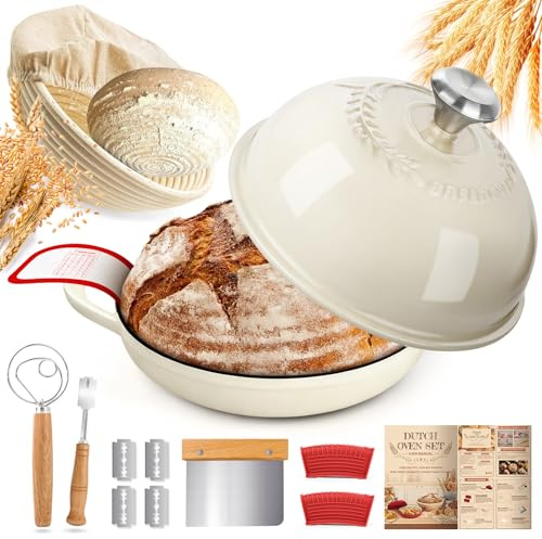 NZQXJXZ 26cm Enamelled Cast Iron Dutch Oven Pot, Cast Iron Casserole Dish with Lid, Non-Stick Dutch Oven Set for Braising, Stews, Roasting, Bread Baking