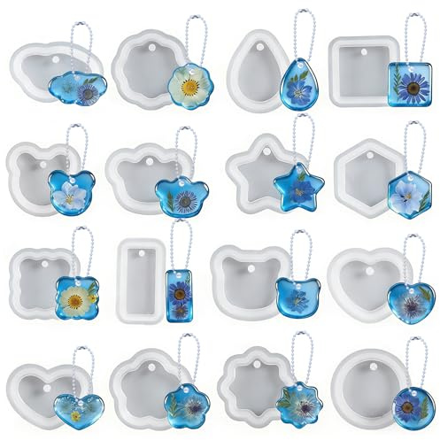 Lot de Moules en Résine Époxy, 16 Formes avec 20 Chaînes à Billes | Moule pour Resine Époxy pour Porte-clés, Pendentifs, Bijoux, Décoration DIY